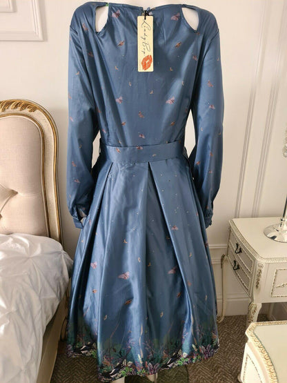 Lindy Bop Tea Dress Woodland Magpie Boho Pleated Landgirl Style - HerSecretCloset.co.uk