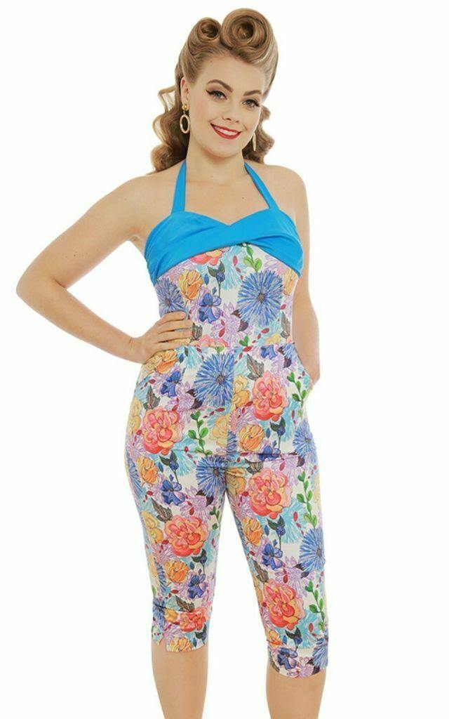 Lindy Bop Heloise Blue Floral Summer Jumpsuit - HerSecretCloset.co.uk
