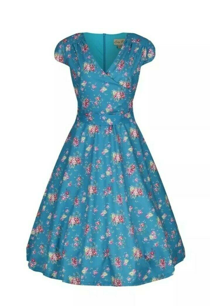 LINDY BOP Dawn Dress - Turquoise Vintage Rose - HerSecretCloset.co.uk