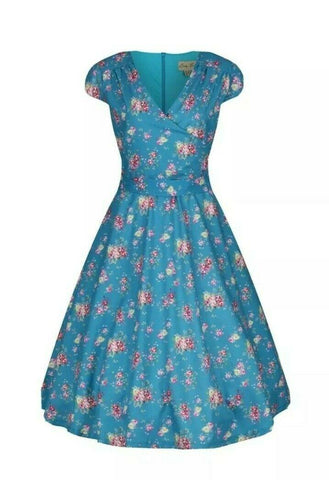 LINDY BOP Dawn Dress - Turquoise Vintage Rose - HerSecretCloset.co.uk
