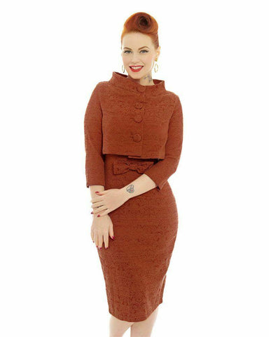 Lindy Bop Maybelle Caramel Brown Twin Set Pencil Dress & Matching Jacket - HerSecretCloset.co.uk