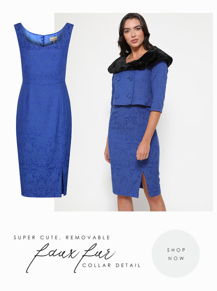 Lindy Bop Beverley Cobalt Pencil dress and Jacket - Fur can be detached.