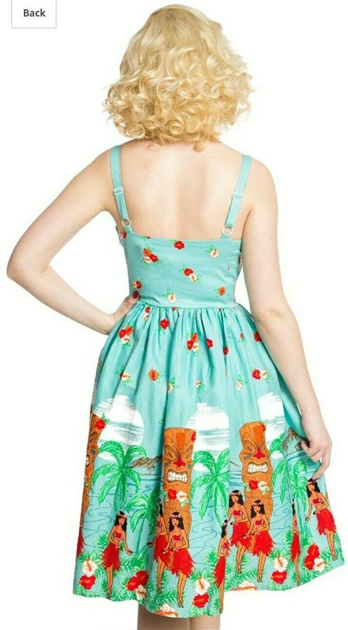 Lindy Bop Summer Misty Blue Tiki Print Swing Dress - HerSecretCloset.co.uk